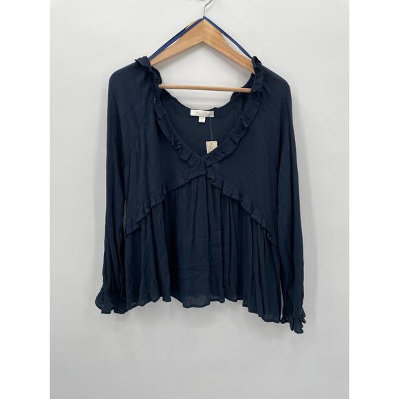 ANTHROPOLOGIE Eri + Ali  NWT Navy Ruffle V-Neck Blouse // XS - Picture 2 of 8